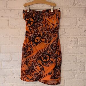 Aryn K Strapless Dress in Orange with Black Graphic